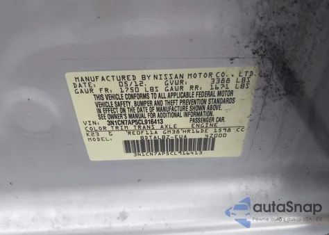 2012 Nissan Versa 1.6 Sv from USA, damaged, VIN 3N1CN7AP5CL916413